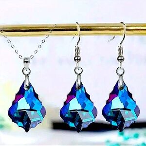 Blue Austrian Crystal Necklace Earrings Set Silver Dangle Baroque Leaf Earrings